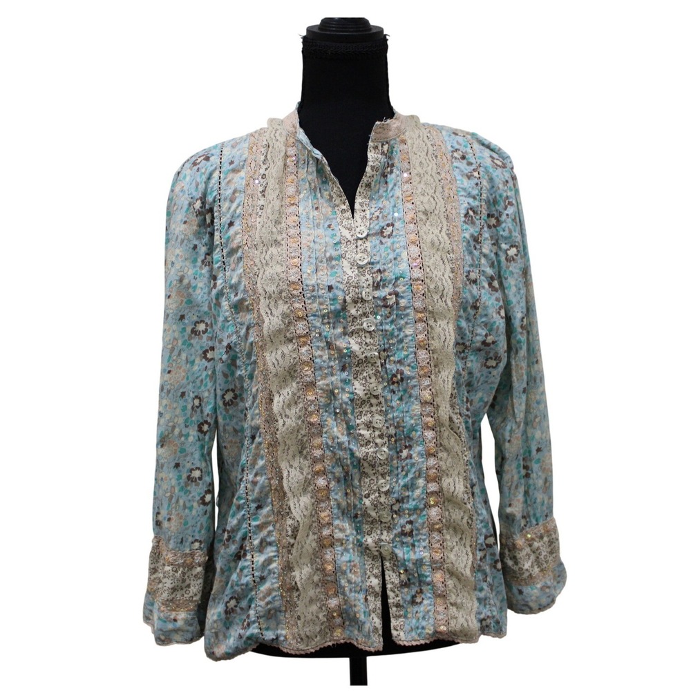 Ecologie Anthropologie Boho‎ Blouse Womens Large Floral Lace Embroidered Sequin
